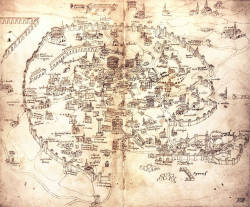 mapsontheweb:  Handmade map of Rome in 1474 by Alessandro Strozzi terenzio_collina:The area where will be built the St. Peter Basilica is at the bottom right of the map, almost out of the city. 