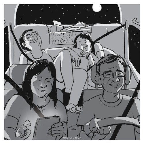 my drawing for the calarts b&amp;w artbook, feat. my family on one of our many roadtrips my dad like