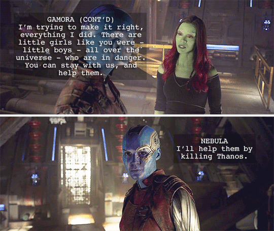 bevioletskies:script to screen: guardians of the galaxy vol. 2 | [9/?]Gamora catches up to Nebula in