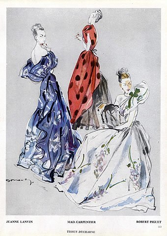 Illustration by Guy Demachy, Jeanne Lanvin at left, Mad Carpentier at centre, Robert Piguet at right