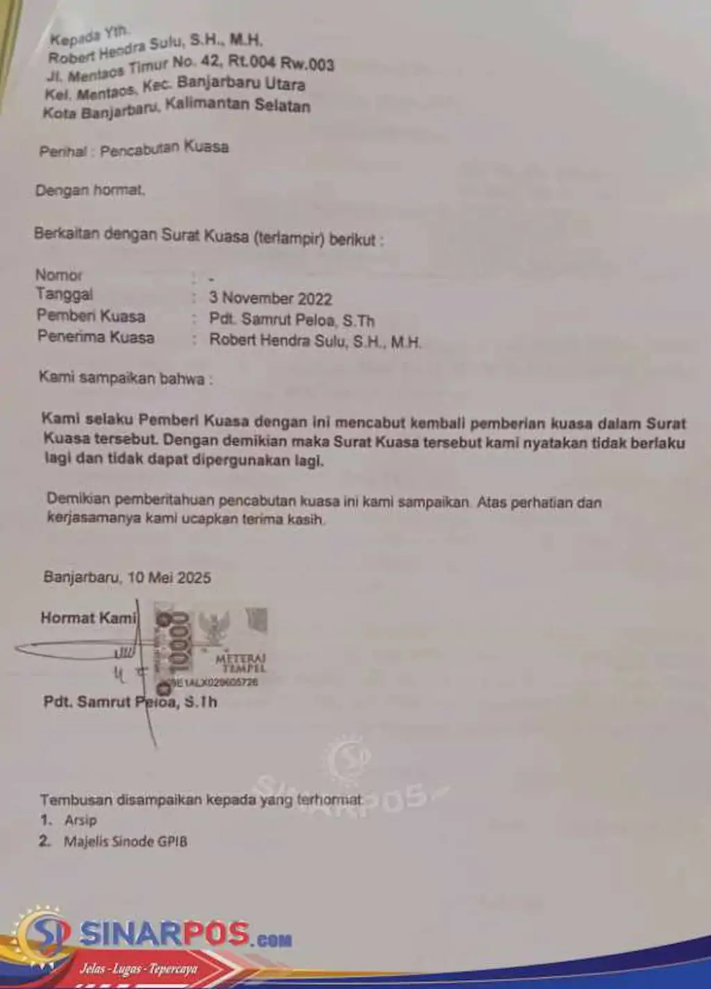 ADVOKAT ROBERT HENDRA SULU MELAPORKAN DUGAAN PENCEMARAN NAMA BAIK DAN PERBUATAN TIDAK MENYENANGKAN OLEH DUA OKNUM PENDETA GPIB