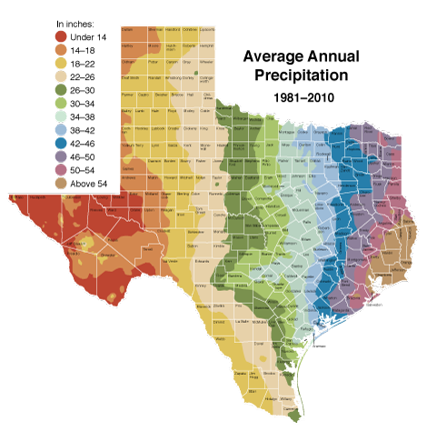 lost-son-of-rome: land-of-maps:  Annual Average Rainfall For The State Of Texas, 1981-2010 Normals [470 x 475]  Texas is gay 