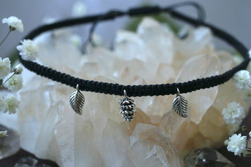 Adjustable custom black cotton macrame choker / necklaces with acorn, pinecone or leaf charms are no