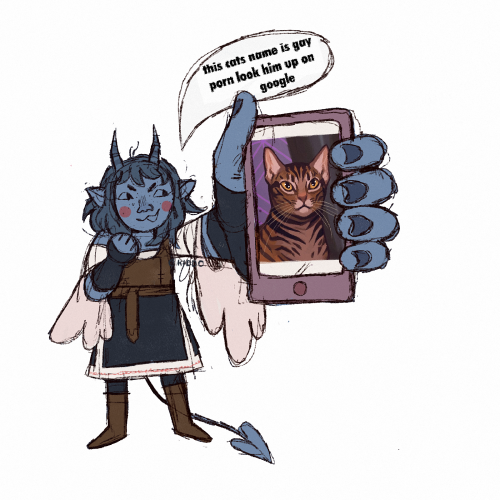 a digital drawing of Jester in a scratchy chibi style with an exaggerated big hand holding a phone out in front of her with the official art of Frumpkin on it. she's saying "this cats name is gay porn look him up on google"