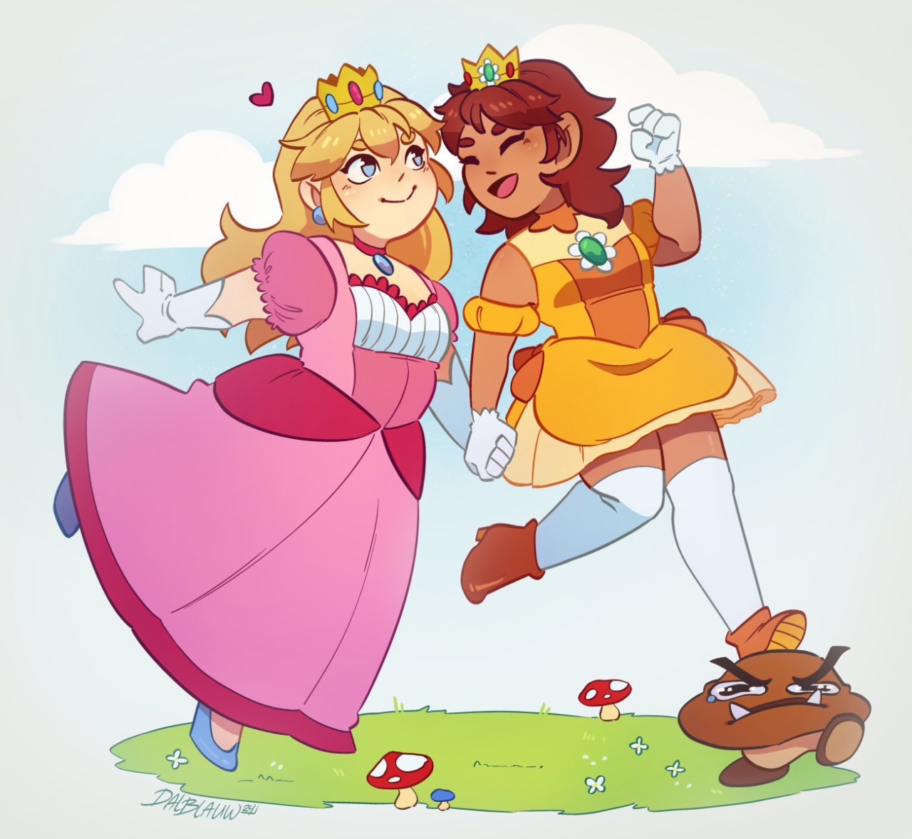 Fanart of Peach and Daisy from Super Mario Bros holding hands and crushing a goomba.