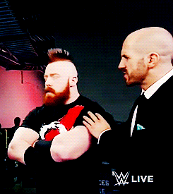 littledozerbaby:Cesaro trying to calm Sheamus down 😊