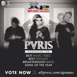 lynngvnn:Oh hot DAMN! @thisispvris got FOUR nominations for this years APMAs! That’s crazy. If you wanna vote for us for any of these categories, you can vote at the link posted on the photo. Thanks @altpress for nominating us. ❤️🙈