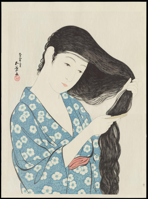 Goyō Hashiguchi aka 橋口五葉 (Japanese, 1880-1921, b. Kagoshima Prefecture, Japan) - 髪梳ける女 / Kami Sukeru