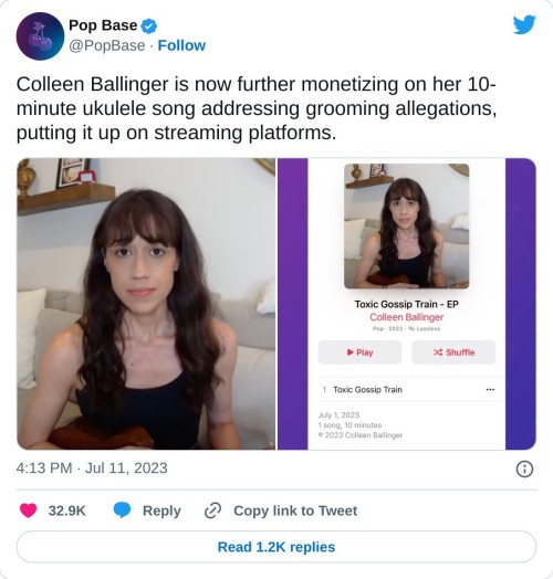 Colleen Ballinger is now further monetizing on her 10-minute ukulele song addressing grooming allegations, putting it up on streaming platforms. pic.twitter.com/6MQu7PJlAQ
— Pop Base (@PopBase) July 11, 2023