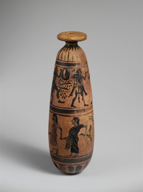 cerberus-is-a-good-boy:lionofchaeronea:Etruscan terracotta alabastron (perfume vase). In the upper r