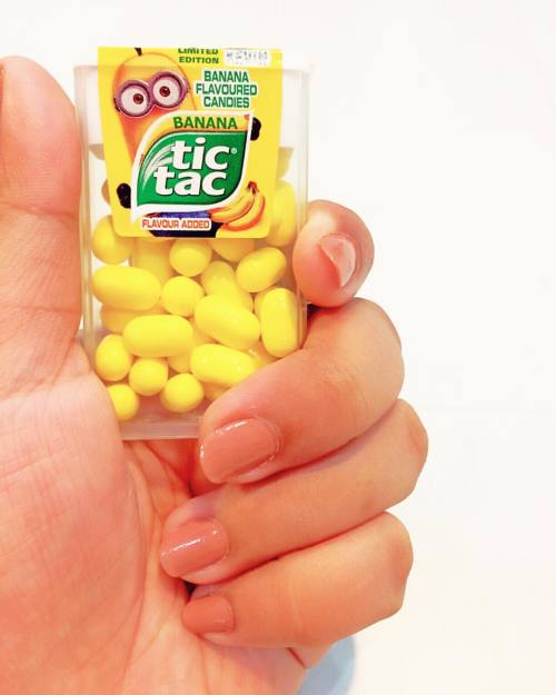 Kevin the tic tac :) #banana #flavor #yellow #candy #tictac #yummy #hand #nails #instapost #instapic