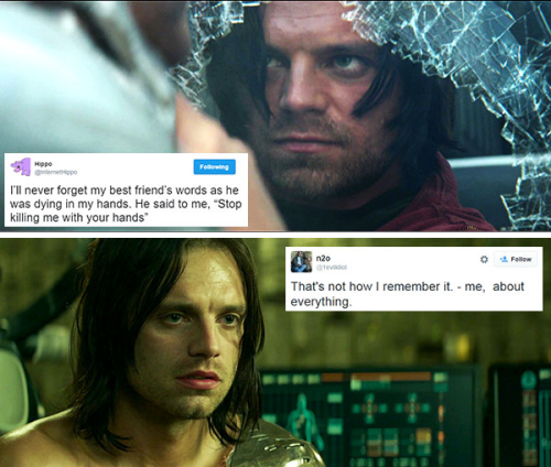 livebloggingmydescentintomadness:Bucky Barnes tweet meme, part two (part one)