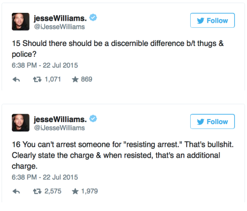 micdotcom:   Jesse Williams just destroyed the racist double standard of policing in America  In 24 posts on Twitter, the actor argued the real problem was not the single case of Sandra Bland or the state trooper who arrested her, but the double standard