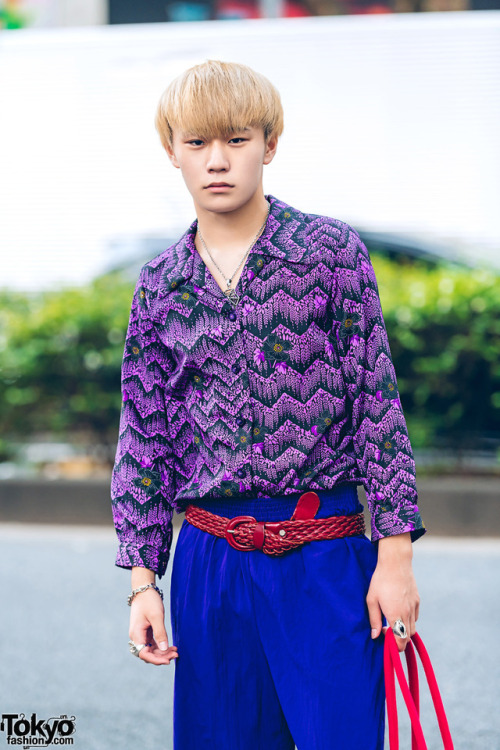 Japanese high school student Yuto on the street in Harajuku wearing a colorful mostly vintage look w