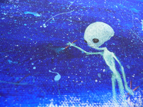 hybrid-alien: Alien painter with blue splatter acrylic painting  by Mikeboston