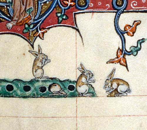 rabbits with cell phones? Gorleston Psalter, England 14th century.British Library, Add 49622, fol. 1