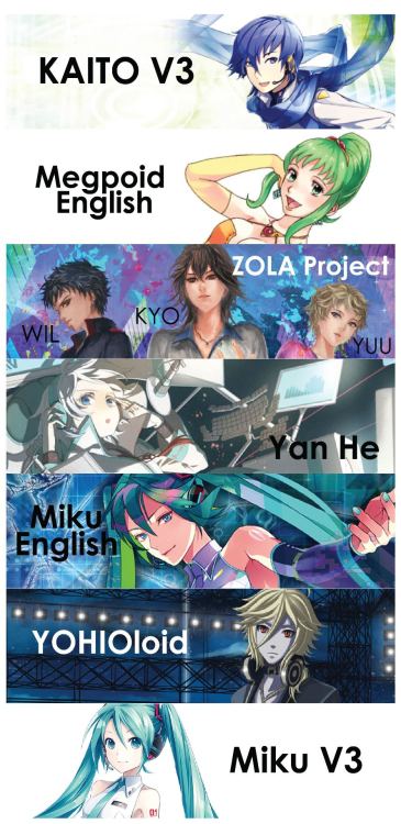 anotherfaller:  EVERY VOCALOID EVER MADE SINCE JANUARY 2004 TO JANUARY 2014.TEN YEARS OF VOCALOID.VOCALOID ENGINE IS PROPERTY OF YAMAHA.VOICEBANKS ARE PROPERTY OF THEIR RESPECTIVE COMPANYALL PICTURE RIGHTS TO EACH ILLUSTRATOR 