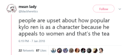 transgirlnausicaa:  combat-femme:   virgojpeg:  1dapologist:   renperor-of-the-galaxy:   echoesintheforce:   This is why all anti Reylos are misogynists, even if you’re a woman. You having social justice points on Tumblr doesn’t give you a free pass.