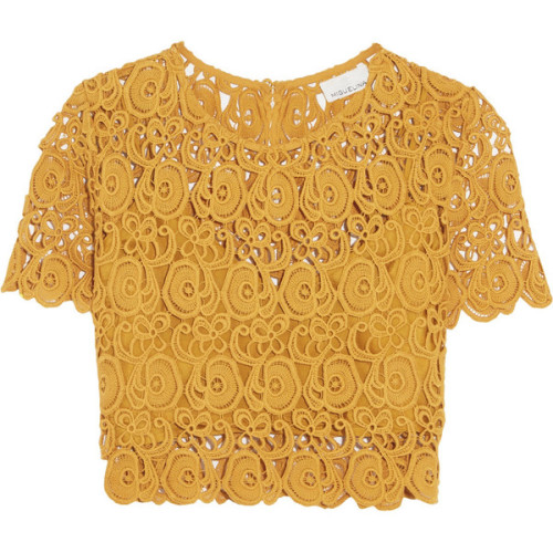 Miguelina Lula cropped cotton-guipure lace top ❤ liked on Polyvore (see more mustard crop tops)