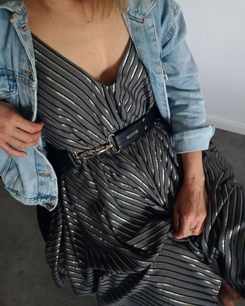 Flowy Dress with Stripes styled with #classic Denim Jacket &amp; our Wide Belt in Black  #ninalu