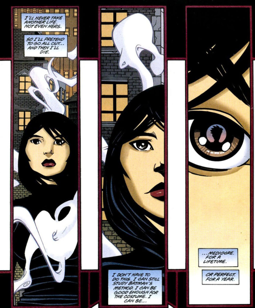 Image: three panels from Batgirl 2000 issue nine, zooming closer into Cassandra Cain’s pensive face 