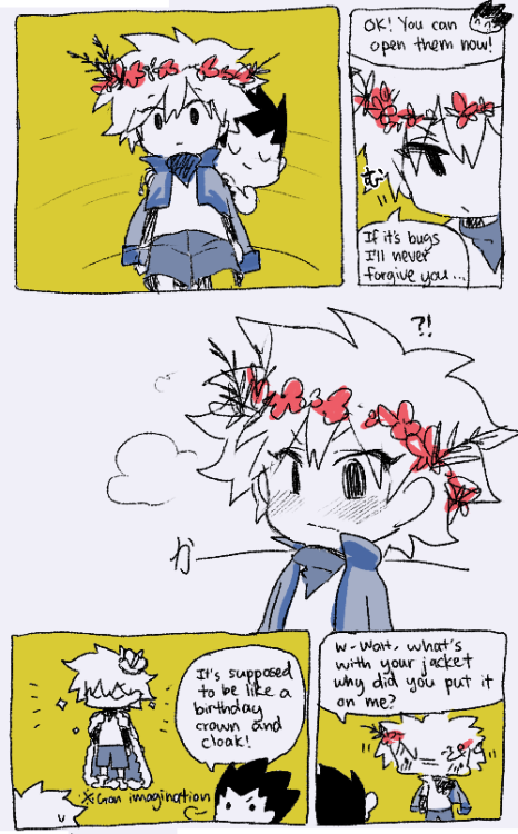 winter-cakes:  I actually wanted to draw a comic on why Killua was wearing gon’s jacket from here but I got a bit carried away adoifhda