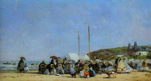 The Beach at Trouville, Eugène Boudin 1864, Musee d’Orsay, ParisA crowd of formally dressed Parisian
