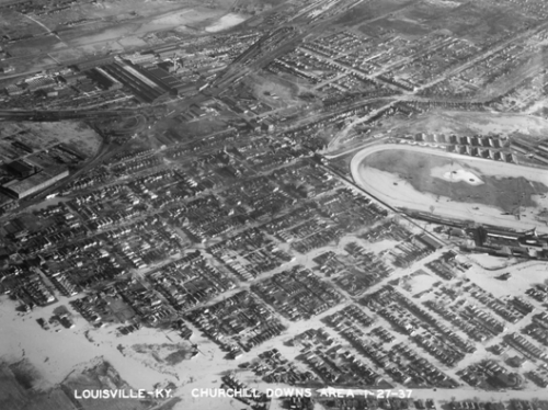 Churchill Downs and nearby areas of Louisville, Kentucky during the January 1937 flood of the Ohio R