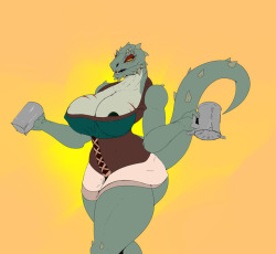 angrypotato96: Argonian Bar keep doodle Wanted to try do a really meh clothed alt of this argonian i drew. enjoy the boobers and such 