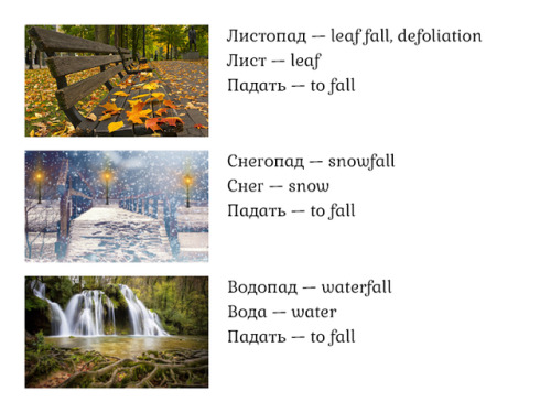 properrussian: Three Russian words built the same way: something + пад (from падать - to fall). Лист