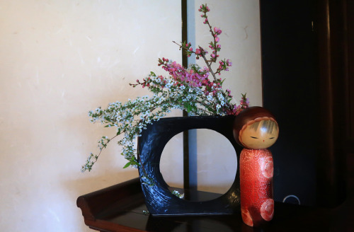 Ikebana - April Flowers from the GardenFlowering Almond and white Spirea.