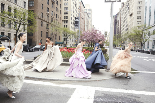 abigaildonaldson:  Xiao Wen Ju (in Jason Wu), Alana Zimmer (in Zac Posen), Grace Mahary (in Zac Posen), Tilda Lindstam (in Oscar de la Renta) and Hanne Gaby Odiele (in Giles) photographed by Cass Bird for Vogue.com