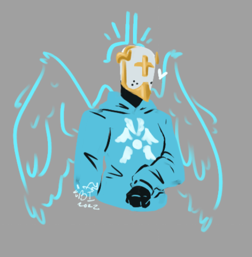 A drawing of Gabriel from Ultrakill in a more painterly style, cut off at the waist. He's wearing a hoodie decorated with a cutout of a seraph, along with his usual helmet. His wings are relaxed behind him.