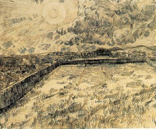 vincentvangogh-art:Wheat field with sun and cloud, 1889 Vincent van Gogh