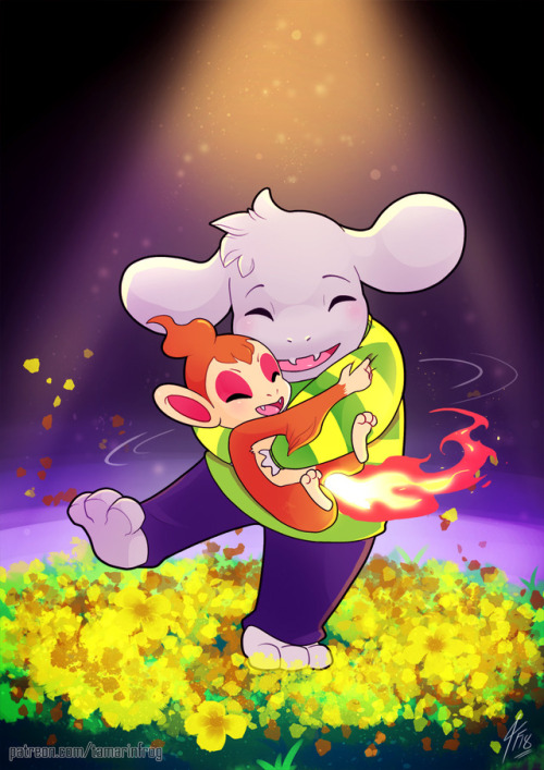 searching-for-bananaflies: Here’s a patreon commission for @pokediginut, who wanted Asriel from Undertale, hugging a chimchar from pokemon. What a cute duo, I say. Thank you for the support and commissioning me!  aww ; u; <3 <3 <3