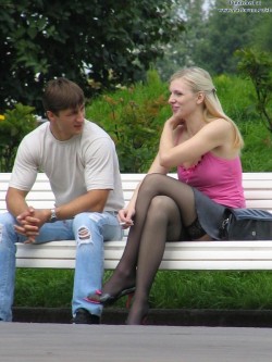 nylonswithsandals:  I don’t know where to start - a nice, young, blonde, apparently reasonable large-breasted girl, with visible stocking tops, one hand touching her stockinged leg, and open-toe shoes…