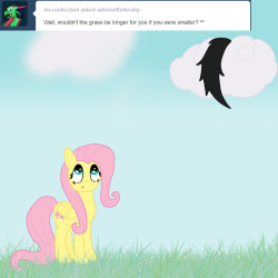 askminifluttershy:  (FINALLY GOT THIS OUT) (btw the other pony is storm runner the mod pony)  I love the way she just sits on her mod&rsquo;s leg and points up at the question. ^w^ So cute!