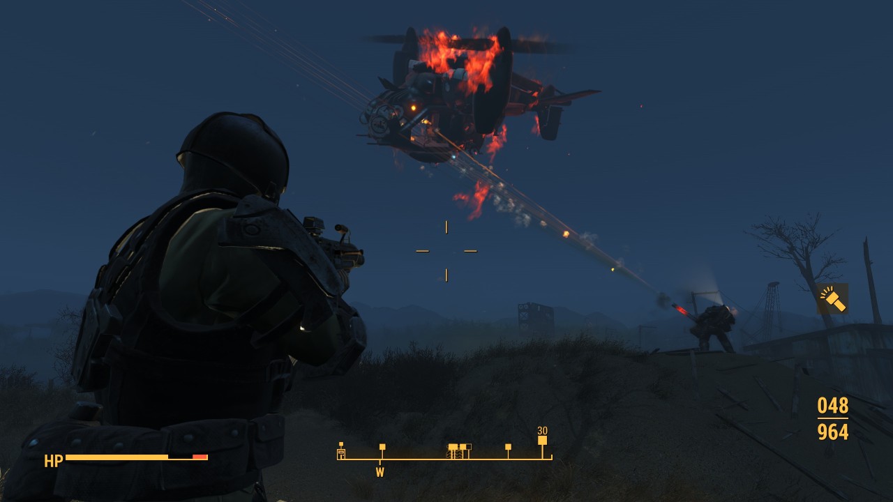 sturmtruppen:  For some reason Danse opened up on a vertibird in the middle of a
