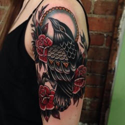 illustratedgentleman:  Classic crow and roses on a tough lil chica! #gastowntattoo #traditional #tattoo #crow #roses #classic 