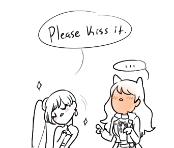 relatablepicsofmonochrome:  Weiss : My neck is sore Blake : That’s not good, is there anything you want me to- Weiss : Please kiss it  