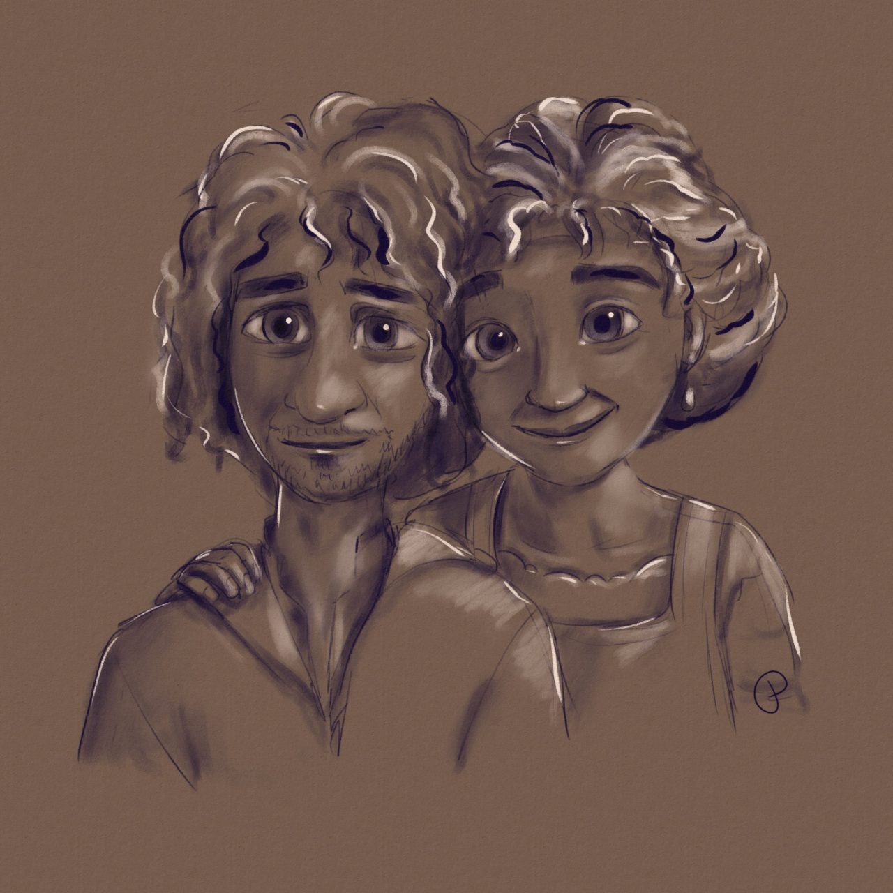 Quick Bruno and Julieta study (30 min).[ID: Digital sketch of Bruno and Julieta from Encanto. Julieta has her arm around Bruno’s shoulders and they’re both smiling. The first sketch is in dark purple and cream on a light brown background and the second is the same with added colors.] #encanto#encanto fanart#disney encanto#bruno madrigal#encanto bruno#julieta madrigal#encanto julieta#echos drawings#fanart#digital art
