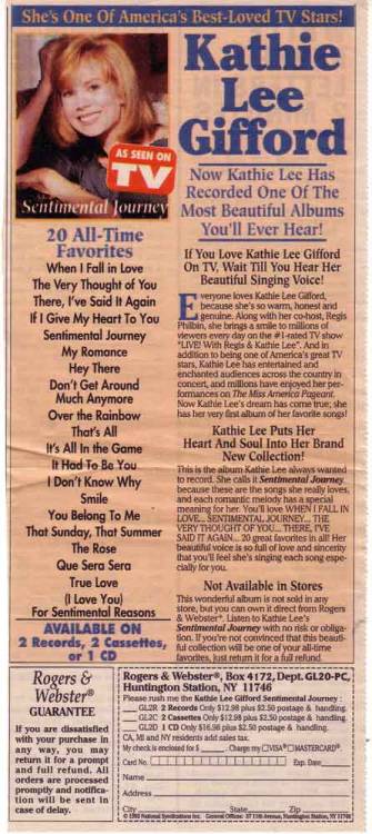 Kathie Lee Gifford. Yes, there was a time when I cared enough to want to get one of her records and 