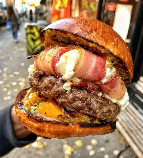 Pumpkin and Bacon wrapped goat cheese. What are your thoughts on this burger?-✔️ Follow @inbetweenbu