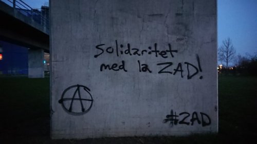 &ldquo;Solidarity with la ZAD&rdquo;Spotted near the University of Copenhagen.La ZAD is a squatted a