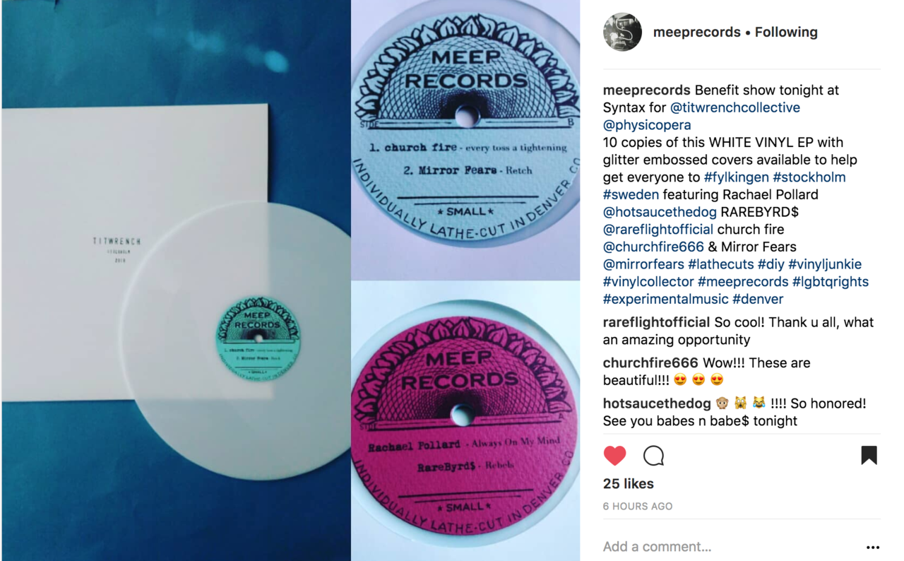 We are over the MOON about these new records, handmade and donated by Meep Records in Denver. 10 copies of this WHITE VINYL EP with glitter embossed covers available to help get everyone to #fylkingen #stockholm #sweden featuring Rachael Pollard...