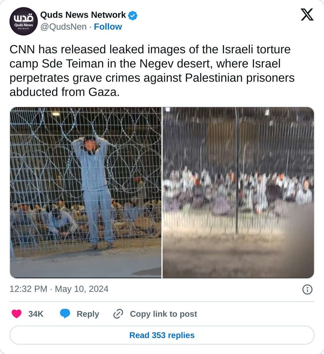 CNN has released leaked images of the Israeli torture camp Sde Teiman in the Negev desert, where Israel perpetrates grave crimes against Palestinian prisoners abducted from Gaza. pic.twitter.com/nMyB9X9FGo  — Quds News Network (@QudsNen) May 10, 2024