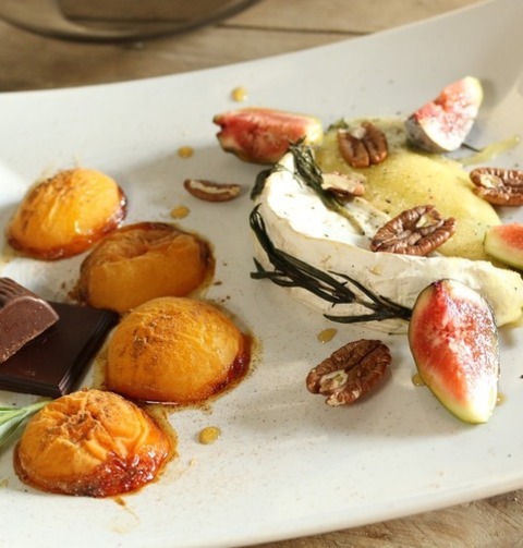Grazing Plate With Brie, Peaches, Walnuts, Figs And Milk Chocolate