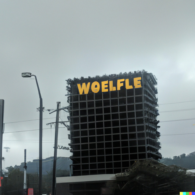 Dark high-rise building whose window texture vaguely resembles waffles. Power lines and a street lamp are in the foreground silhouetted against a gray sky. Sign on the building reads WOELFLE 