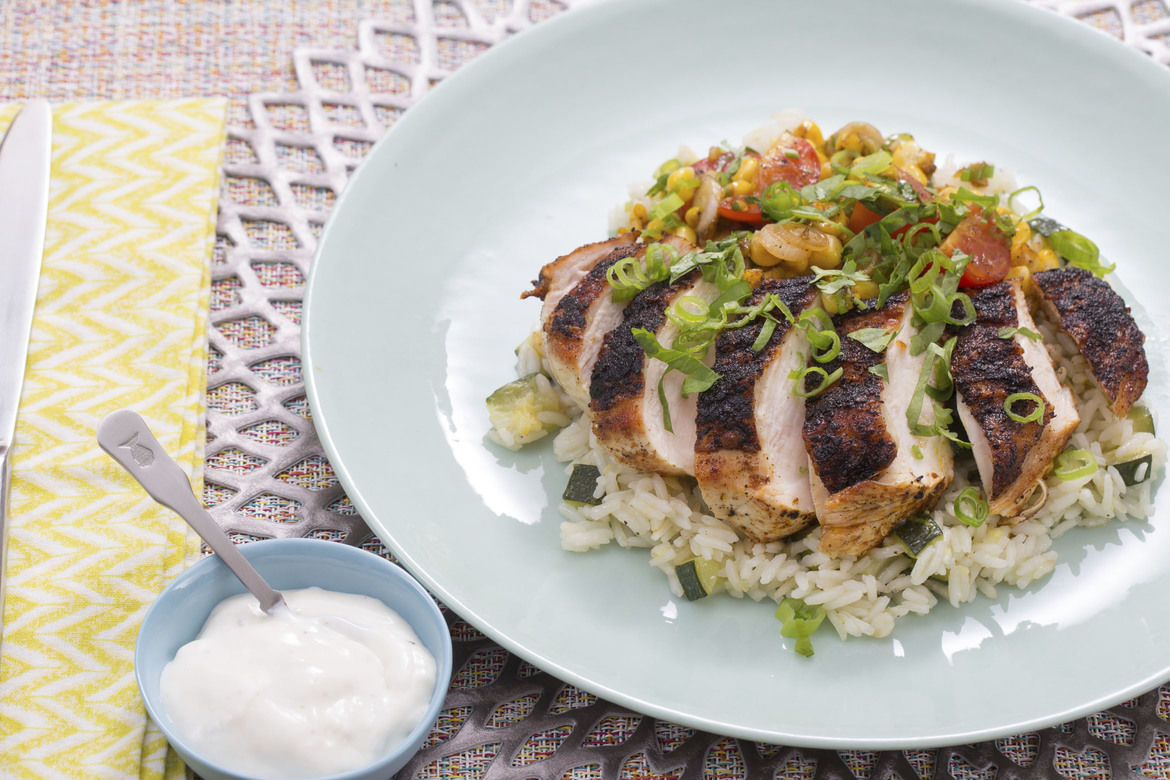 yummyinmytumbly:  Blackened Chicken &amp; Zucchini Rice with Sautéed Corn &amp;