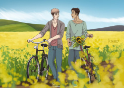 plotindevelopment:  Jean and Marco in canola fields - a drawing I did as a postcard for the holidays!